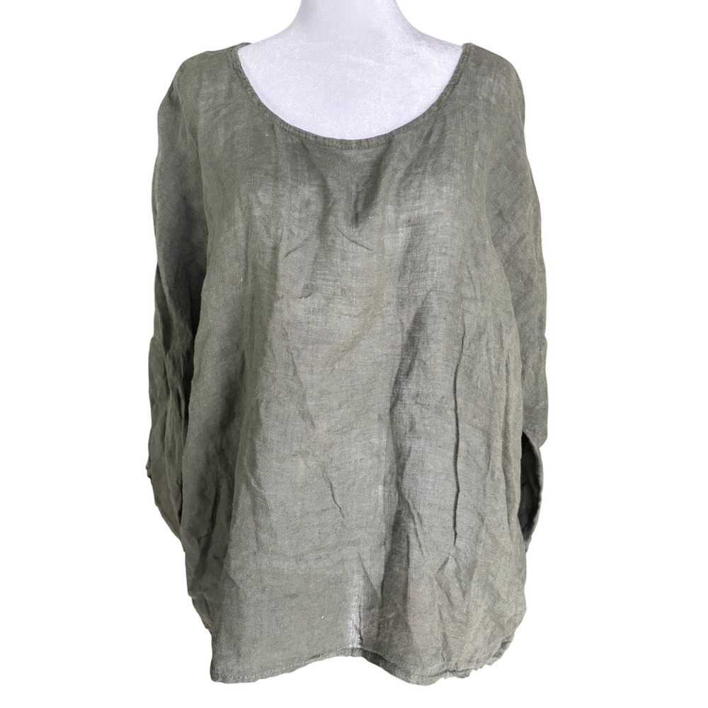 Green 100% Linen Oversized Boho Cottagecore Blouse Earthy Puro Lino ItalyL/XL